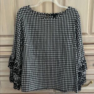 J. Crew Black and White Gingham Blouse with Embroidered Sleeves